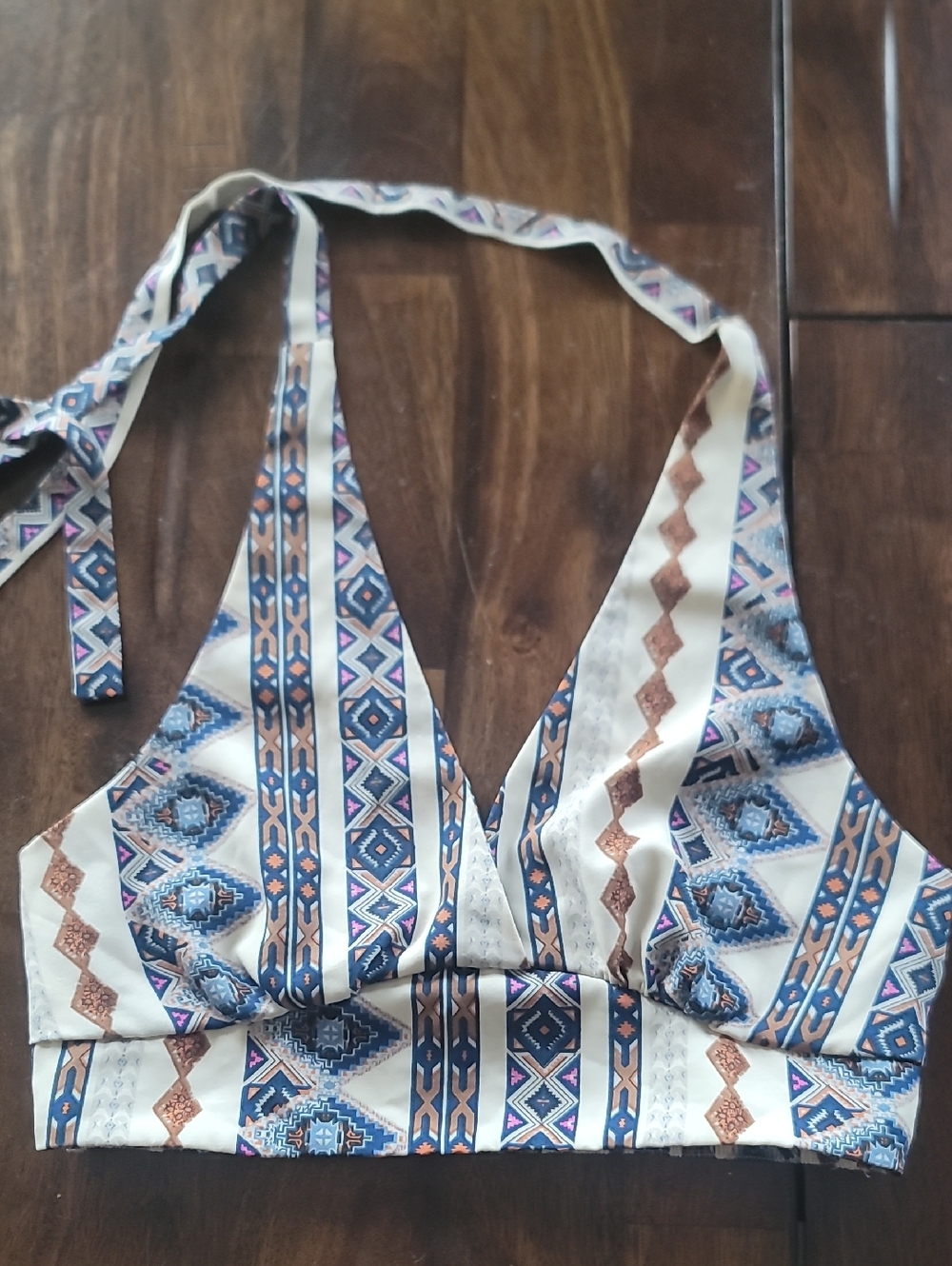 SHEIN Cream Halter Crop Top with Blue & Brown Geometric Print